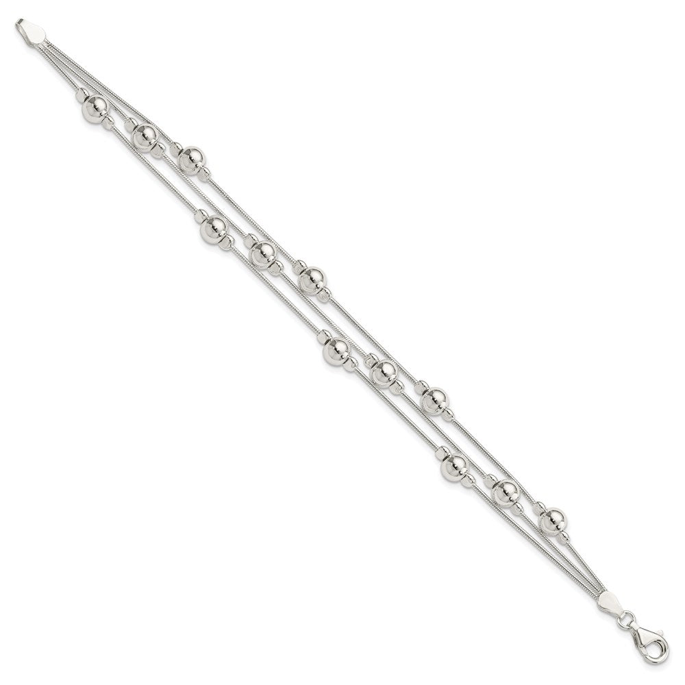 Sterling Silver Polished Beaded 3-Strand Snake Chain Bracelet