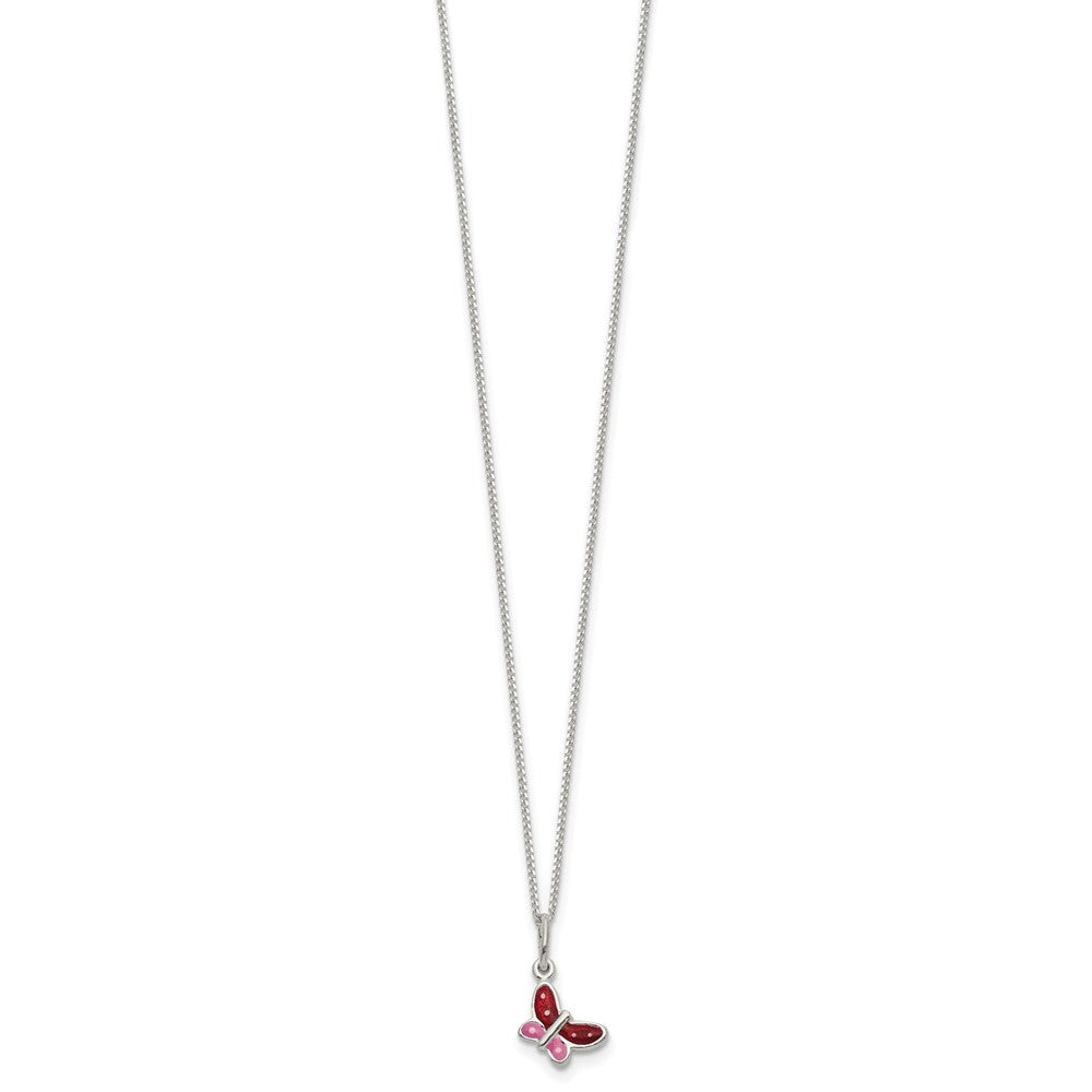 Sterling Silver Polished Pink, Red and White Enameled Butterfly 14 Inch Necklace