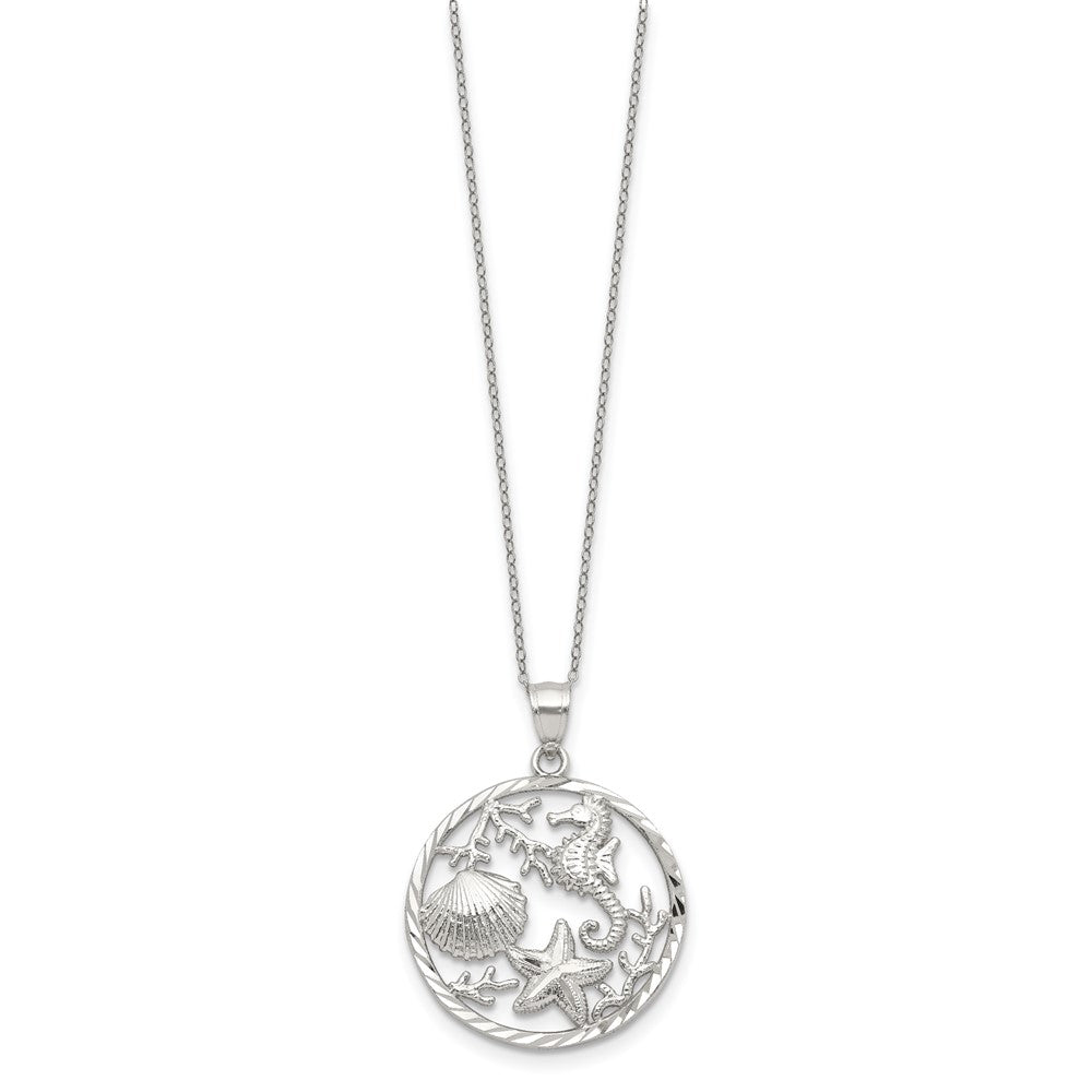 Sterling Silver Rhodium-plated Seahorse/Starfish/Shell in Circle Necklace