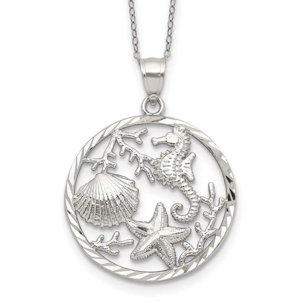 Sterling Silver Rhodium-plated Seahorse/Starfish/Shell in Circle Necklace