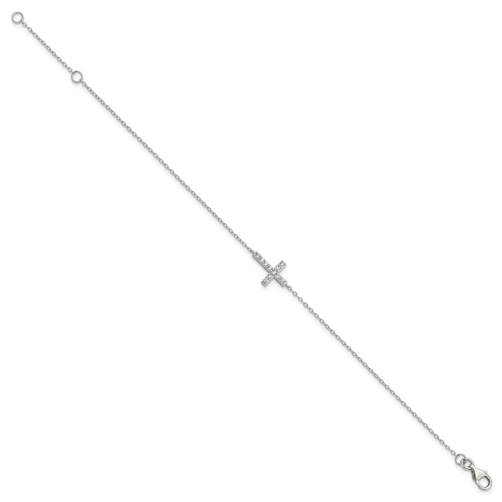 Sterling Silver Rhodium-plated CZ Sideways Cross w/ Ext Bracelet