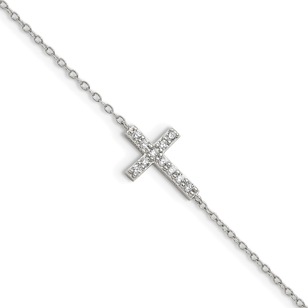 Sterling Silver Rhodium-plated CZ Sideways Cross w/ Ext Bracelet