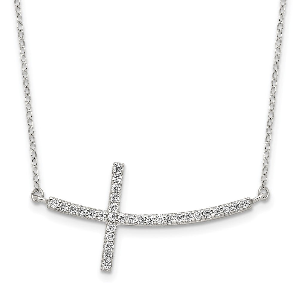 Sterling Silver Rhodium-plated CZ Sideways Cross w/ Ext Necklace