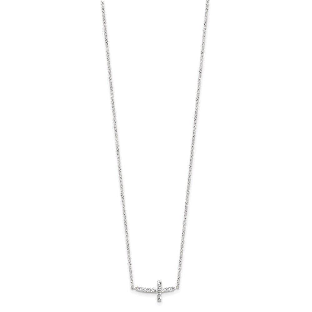 Sterling Silver Rhodium-plated CZ Sideways Cross w/ Ext Necklace