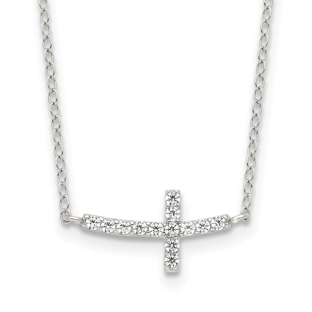 Sterling Silver Rhodium-plated CZ Sideways Cross w/ Ext Necklace