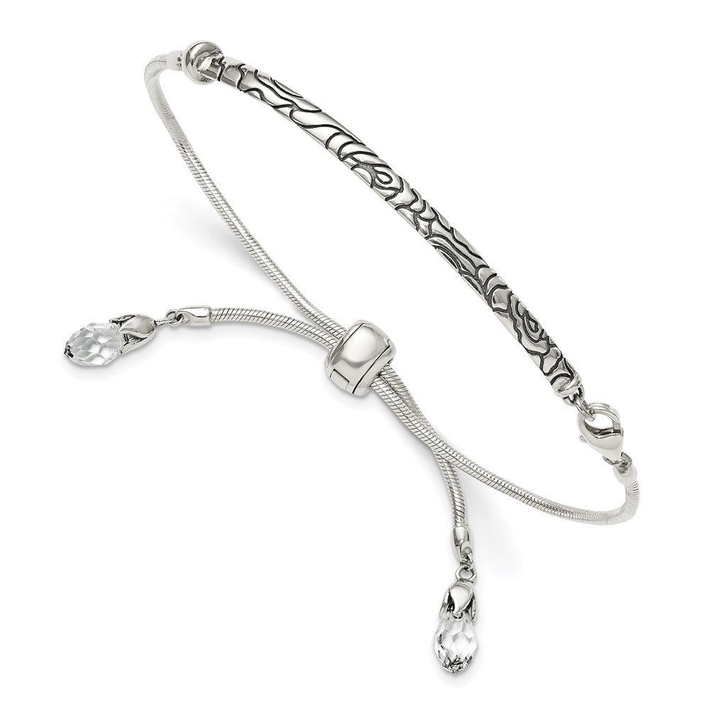 Sterling Silver Antiqued Reflections Clear Crystal with Lobster Clasp Adjustable 6 to Bolo Bracelet