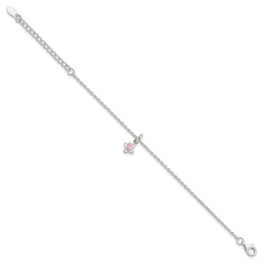 Sterling Silver Polished Pink CZ Butterfly w/ Ext. Children's Bracele