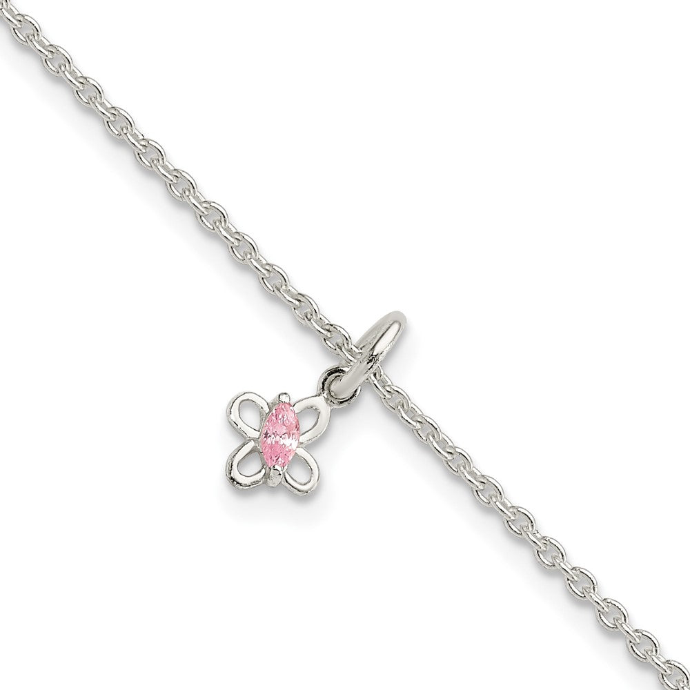 Sterling Silver Polished Pink CZ Butterfly w/ Ext. Children's Bracele