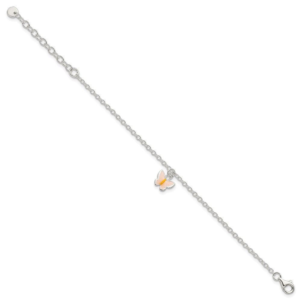 Sterling Silver Polished Pink and Orange Enamel Butterfly 5.5 Inch with 1.5 Inch Extension Bracelet