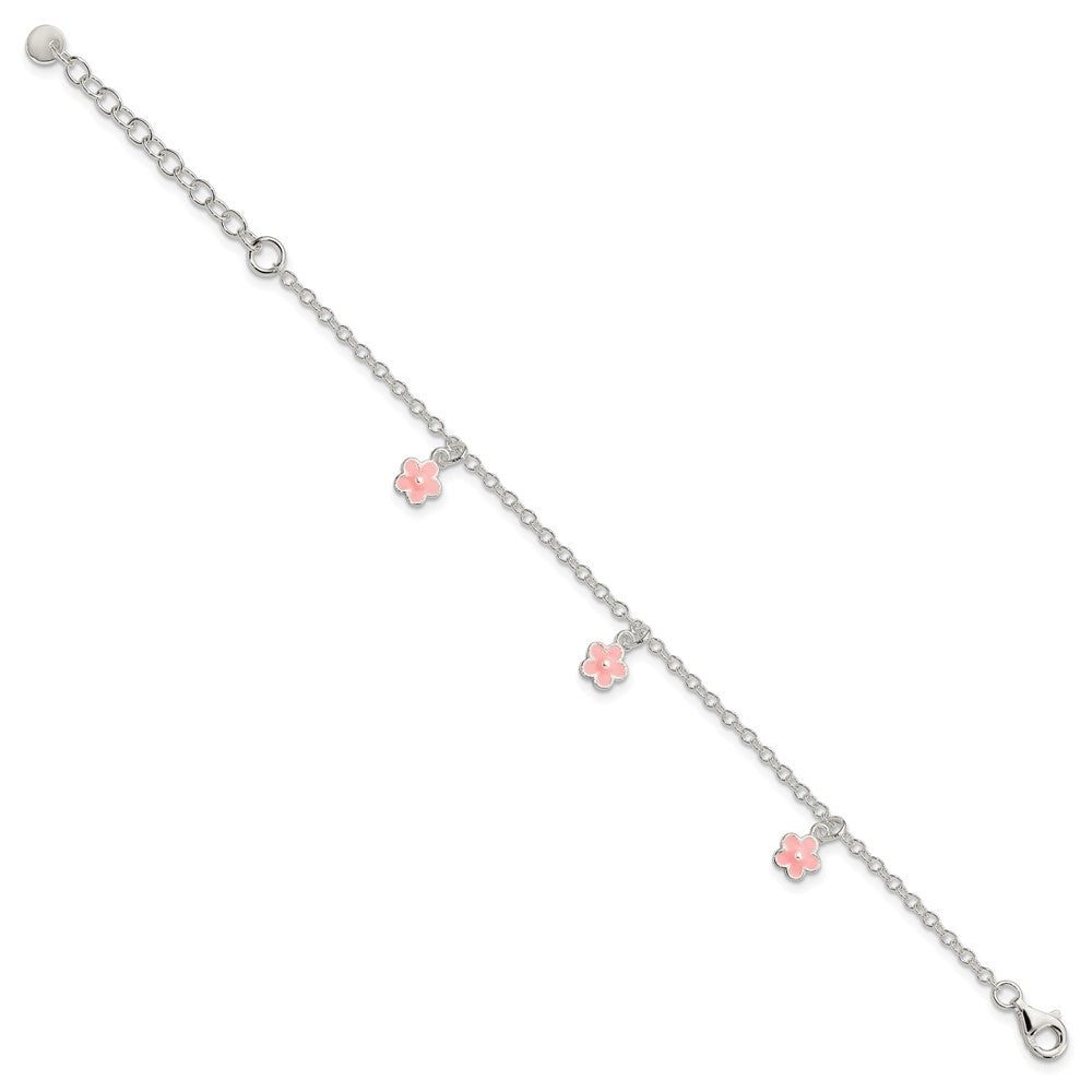Sterling Silver Polished Pink Enamel Flowers w/ Ext Children's Bracele
