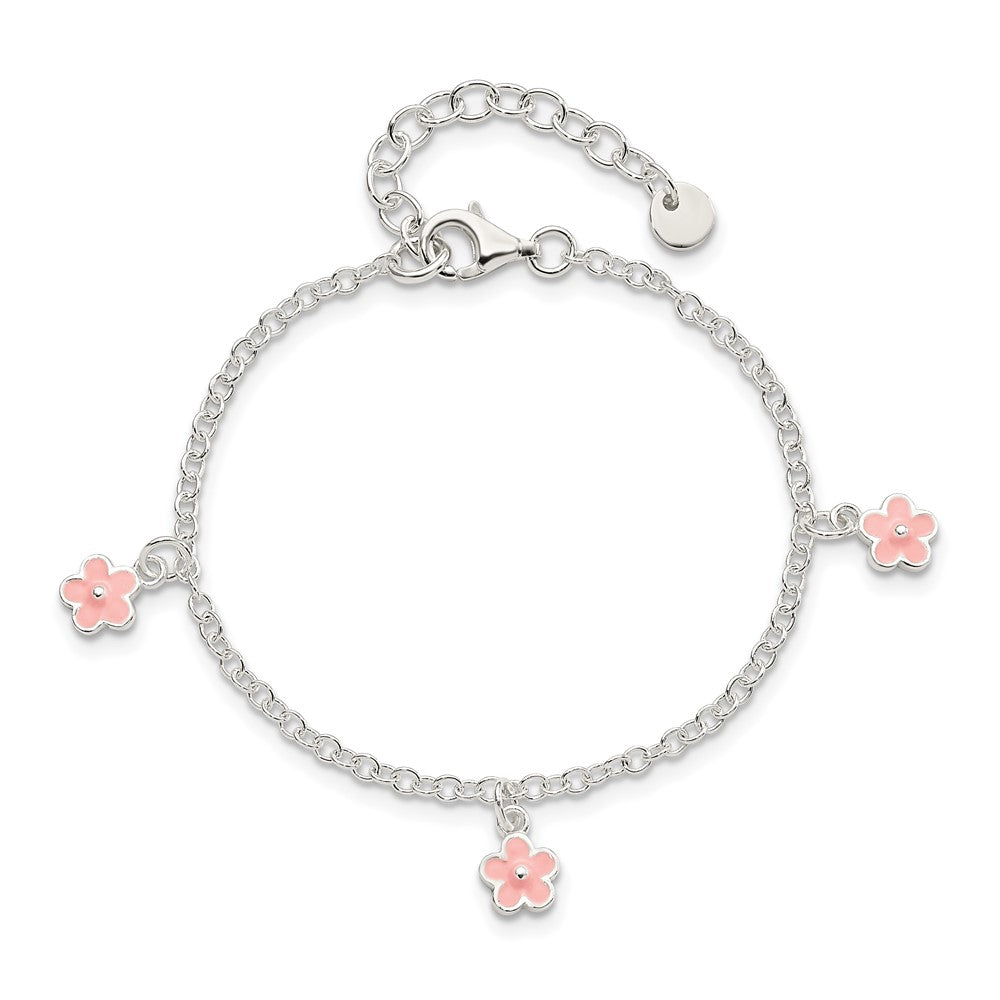 Sterling Silver Polished Three Pink Enamel Dangle Flowers with c Extension Bracelet