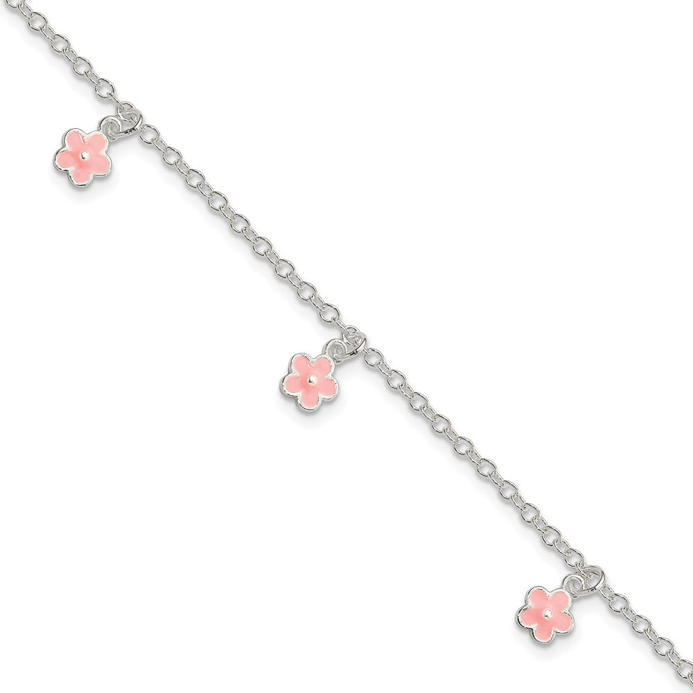 Sterling Silver Polished Three Pink Enamel Dangle Flowers with c Extension Bracelet