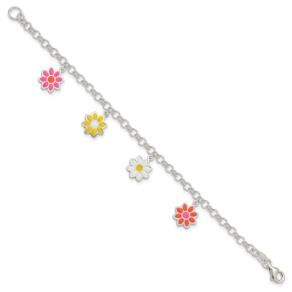 Sterling Silver Polished Multi-color Enamel Dangle Flowers 6 Inch Bracelet