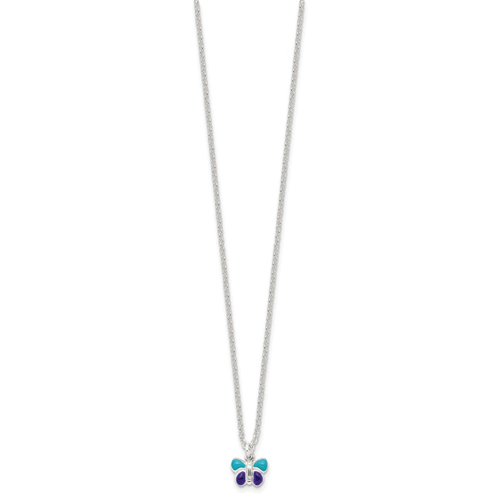 Sterling Silver Polished Blue & Purple Enameled Petite Butterfly 15 Inch with 1.5 Inch Extension Necklace