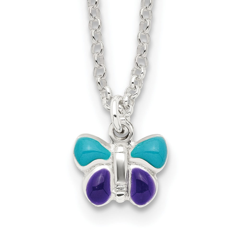 Sterling Silver Polished Blue & Purple Enameled Butterfly with Extension Children's Necklace