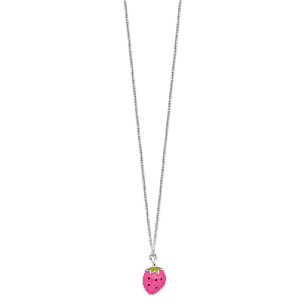 Sterling Silver Rhodium-plated Polished Pink, Green & Black Enameled Strawberry Children's Necklace