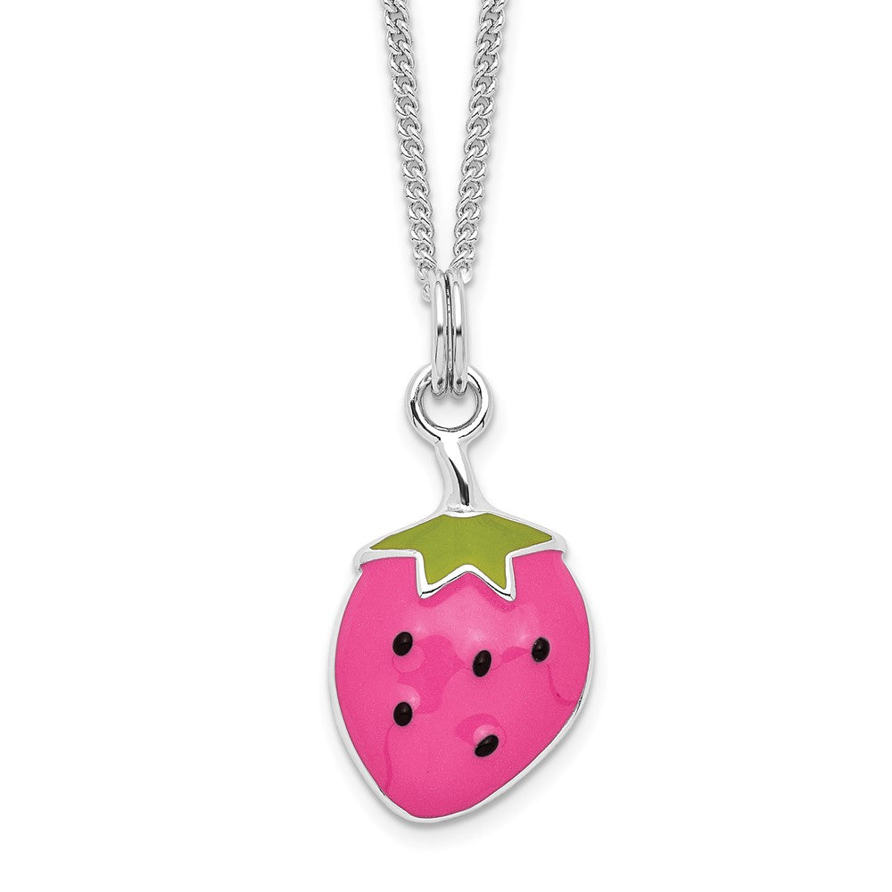 Sterling Silver Rhodium-plated Polished Pink, Green & Black Enameled Strawberry Children's Necklace