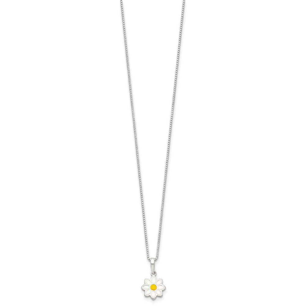 Sterling Silver Polished Yellow & White Enameled Flower 15 Inch Necklace