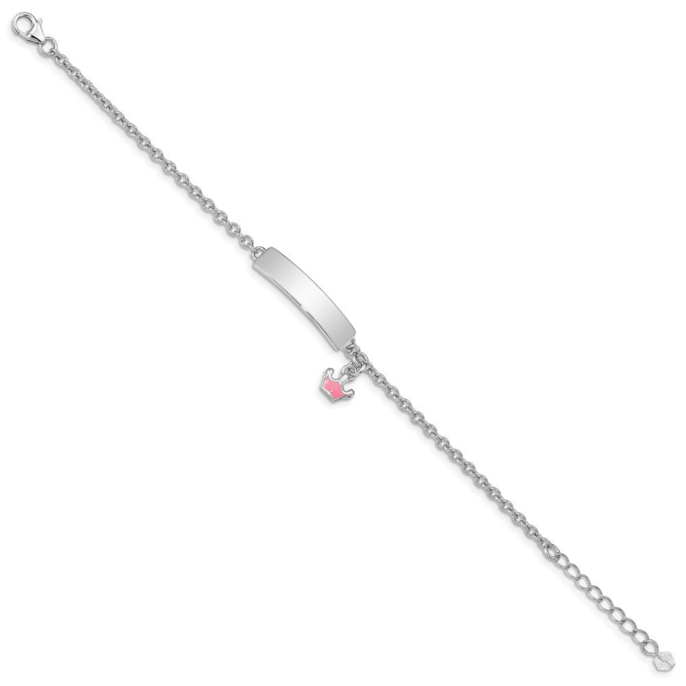 Sterling Silver Rhodium-plated Polished & Pink Enameled Crown with 1 Inch Extension Children's ID Bracelet