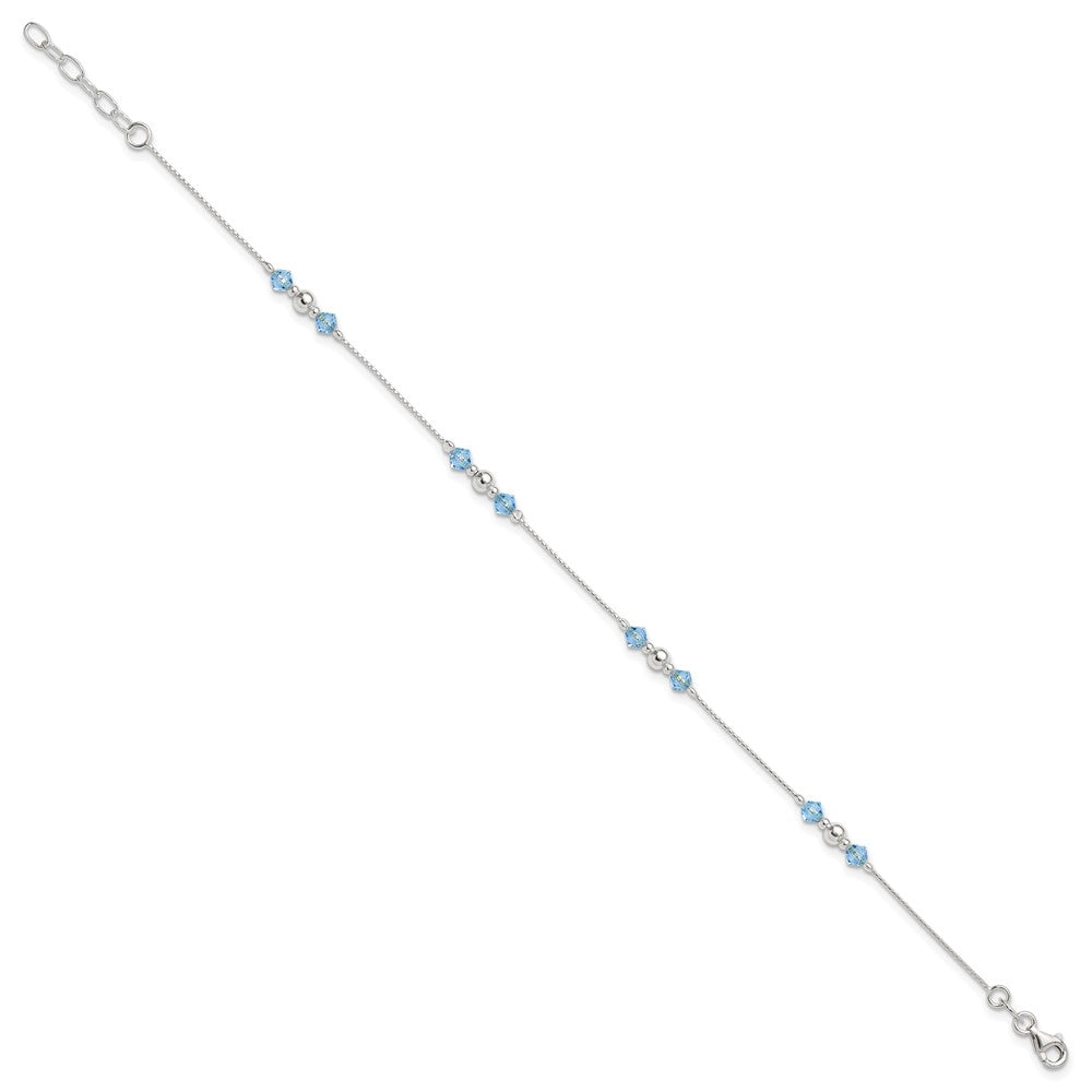 Sterling Silver Polished Bead and CZ Plus . Ext. Anklet