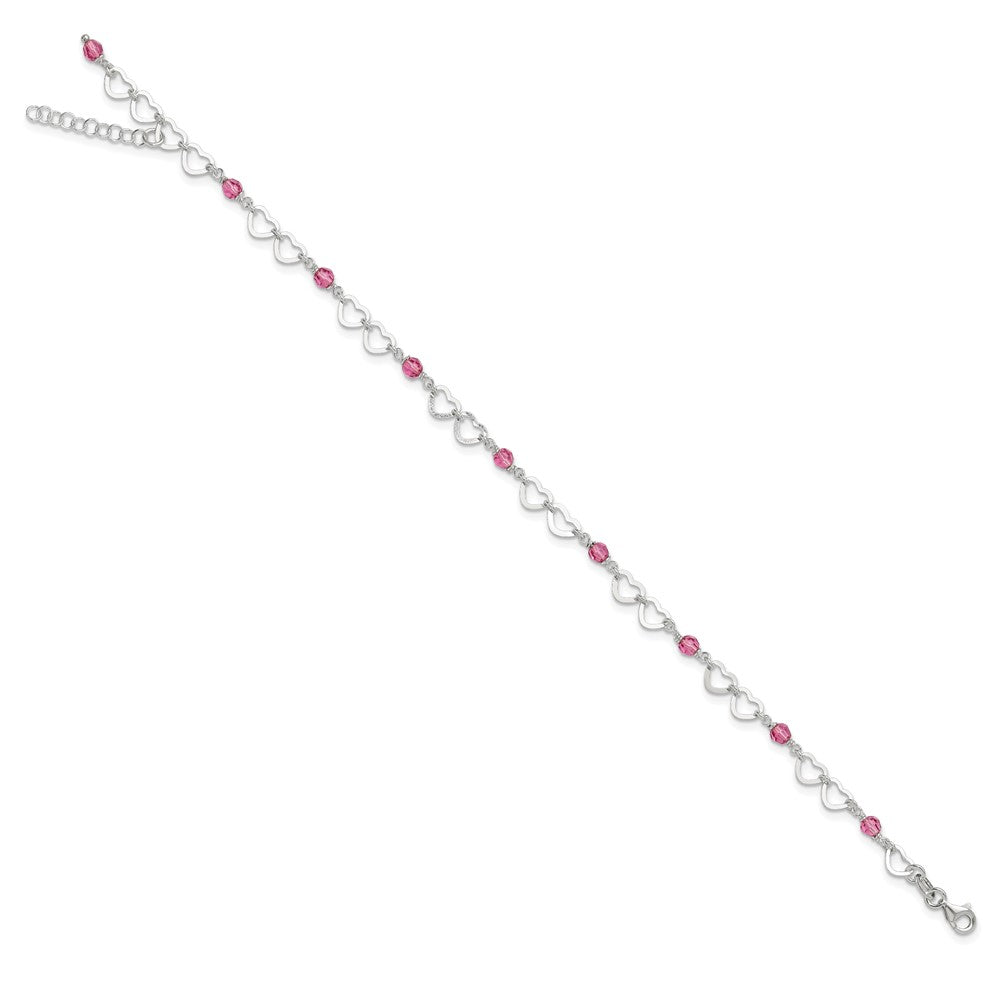 Sterling Silver Pink Beads and Polished Hearts Anklet with extension