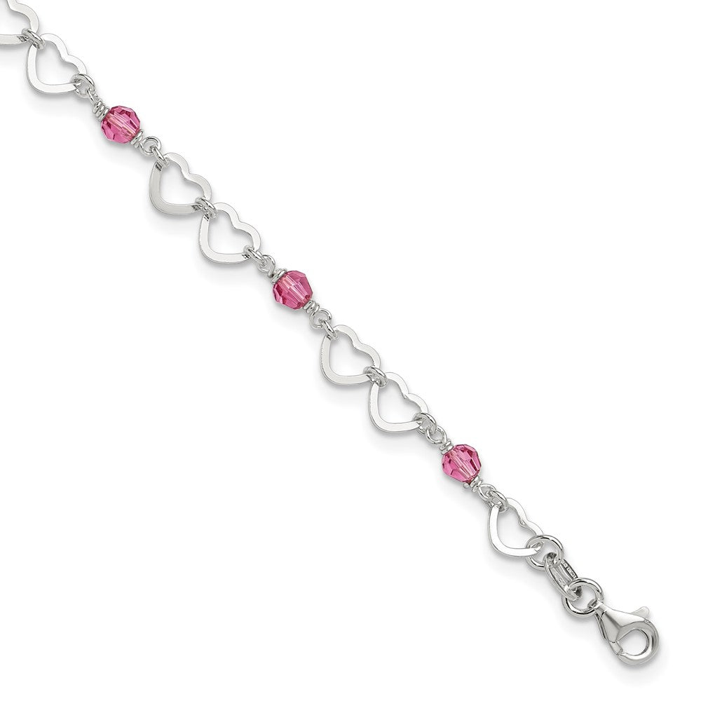 Sterling Silver Pink Beads and Polished Hearts Anklet with extension
