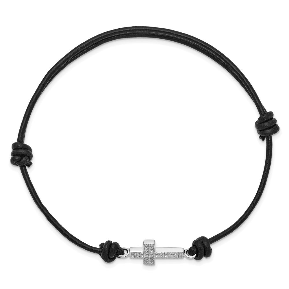 Sterling Silver Rhodium-plated Polished CZ Cross Black Leather Adjustable Bracelet