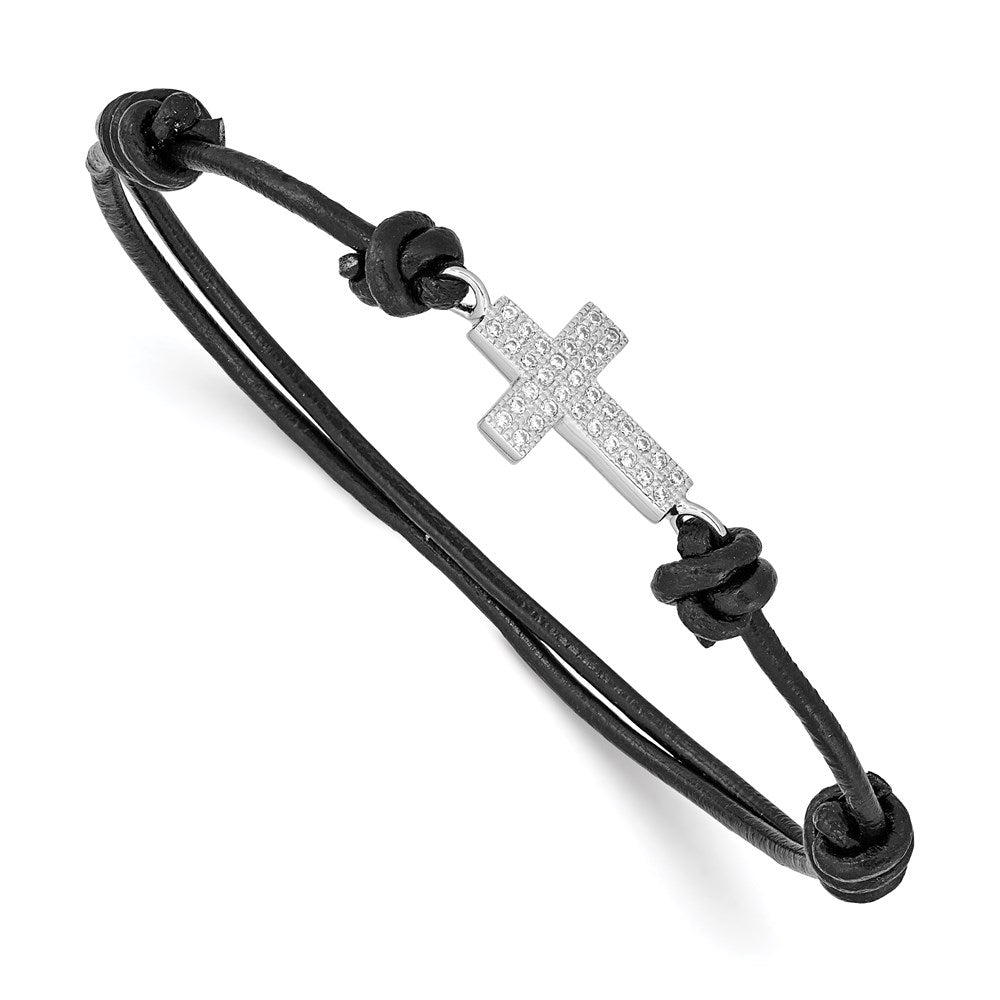 Sterling Silver Rhodium-plated Polished CZ Cross Black Leather Adjustable Bracelet