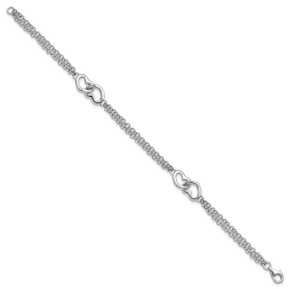 Sterling Silver Rhodium-plated Linked Hearts Double Chain Bracelet