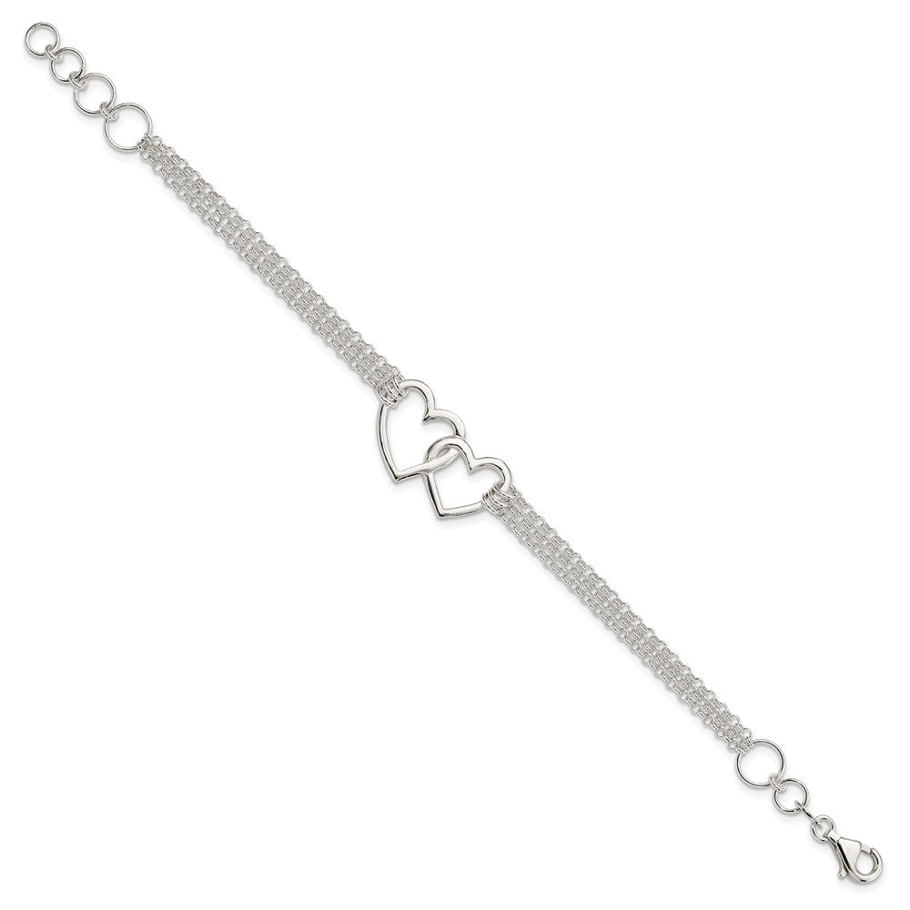 Sterling Silver Polished Linked Hearts 3-strand with Extension Heart Bracelet