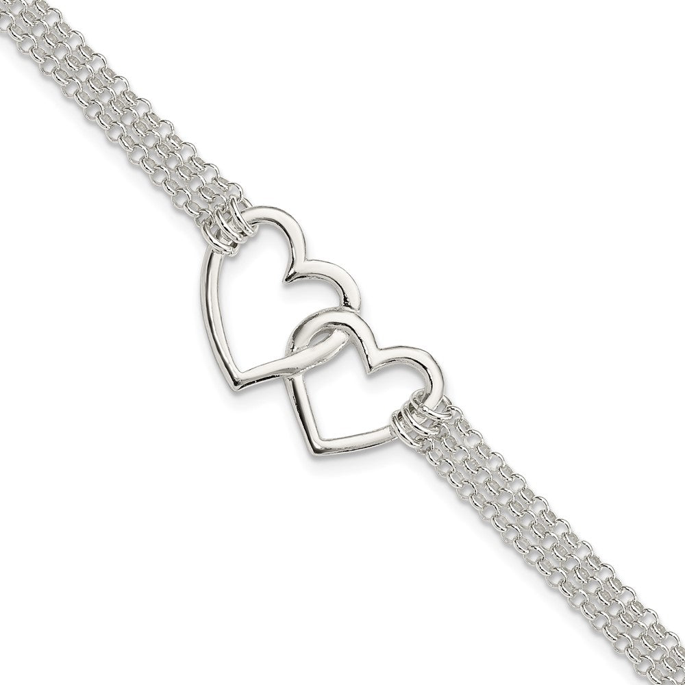 Sterling Silver Polished Linked Hearts 3-strand with Extension Heart Bracelet