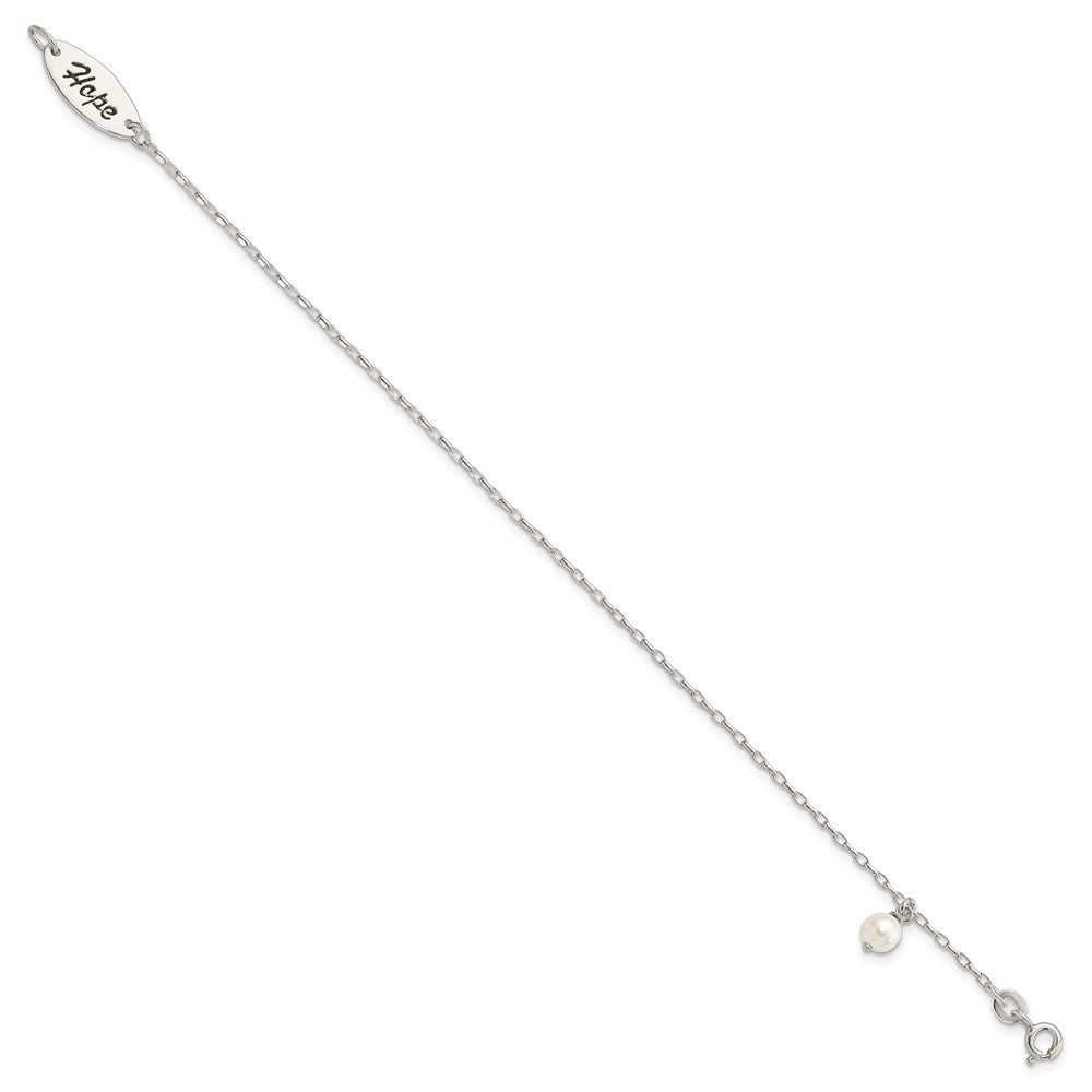 Sterling Silver Polished Synthetic Pearl Dangle HOPE Bracelet