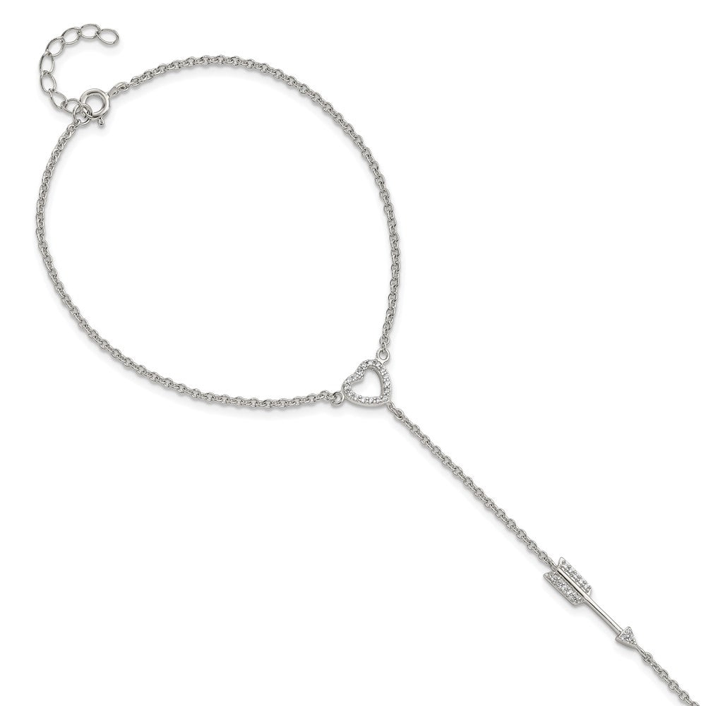 Sterling Silver Rhodium-plated Polished CZ Heart/Arrow Attached Chain Ring/ Bracelet