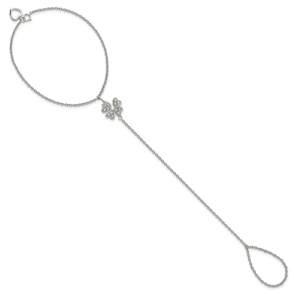 Sterling Silver Rhodium-plated Polished CZ Four-Leaf Clover Attached Chain Ring/ Bracelet