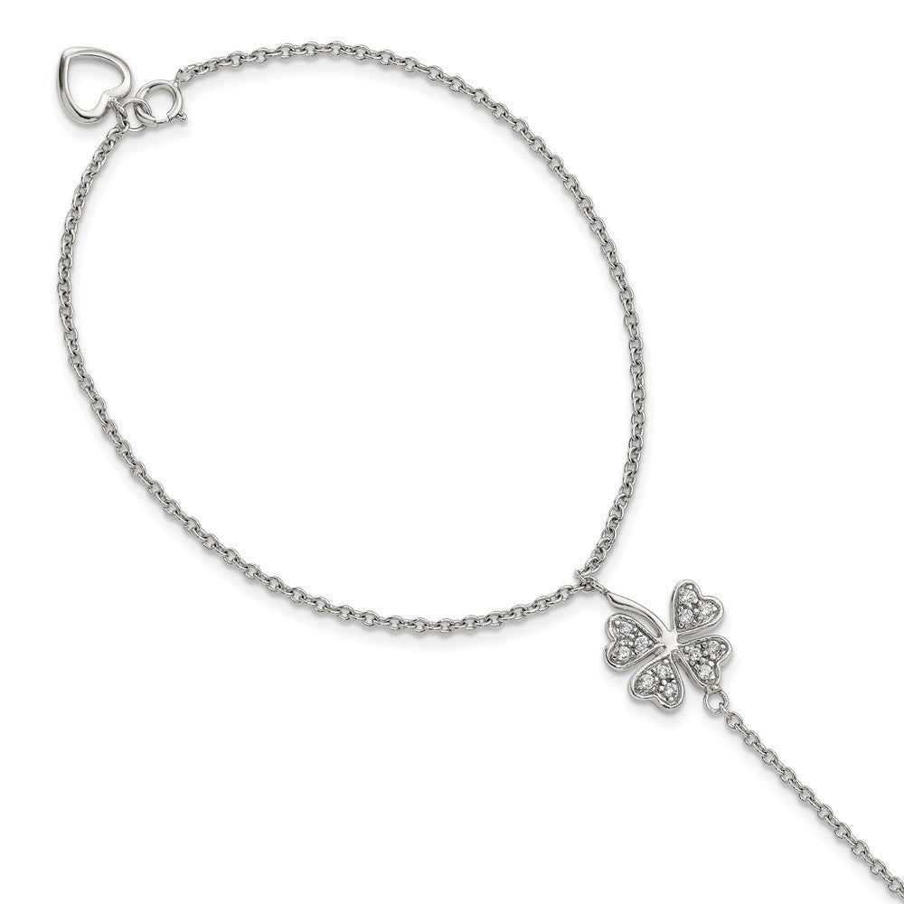 Sterling Silver Rhodium-plated Polished CZ Four-Leaf Clover Attached Chain Ring/ Bracelet