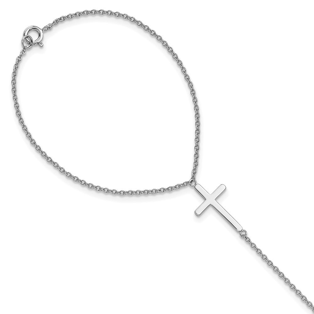 Sterling Silver Rhodium-plated Polished Cross Attached Chain Ring/ Bracelet