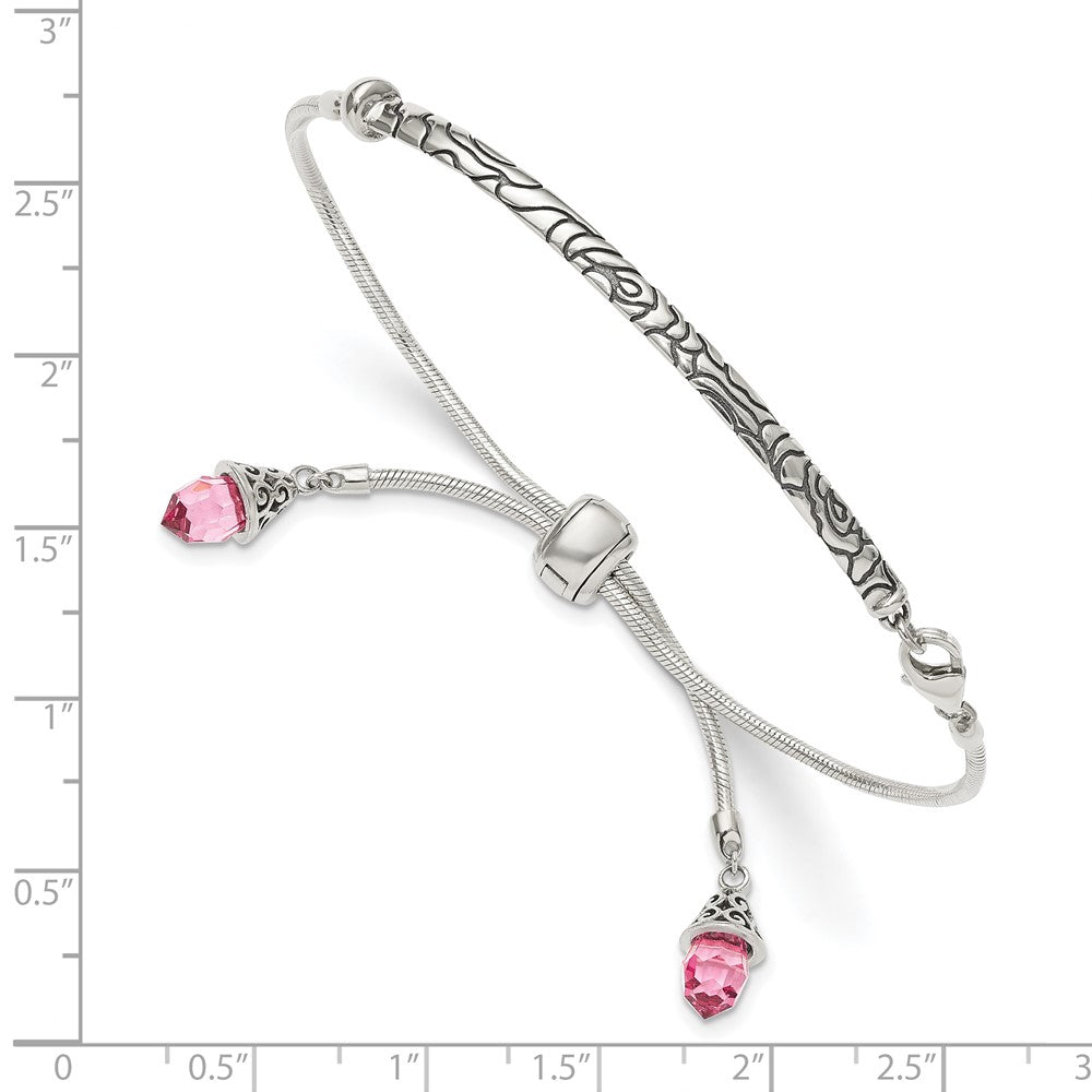 Sterling Silver Antiqued Pink Crystal Briolette with Lobster Clasp Adjustable 6 to Bolo Bracelet