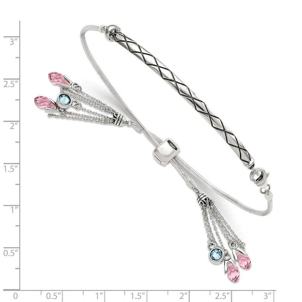 Sterling Silver Antiqued Pink and Blue Crystal Briolette with Lobster Clasp Adjustable 6 to Bolo Bracelet