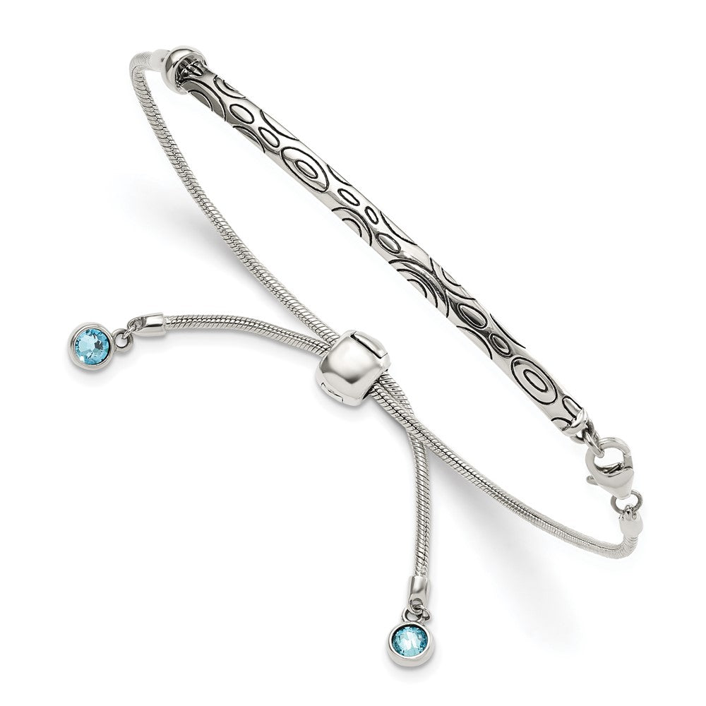 Sterling Silver Antiqued Blue Crystal Round Bezel with Lobster Clasp Adjustable 6 to Bolo Bracelet