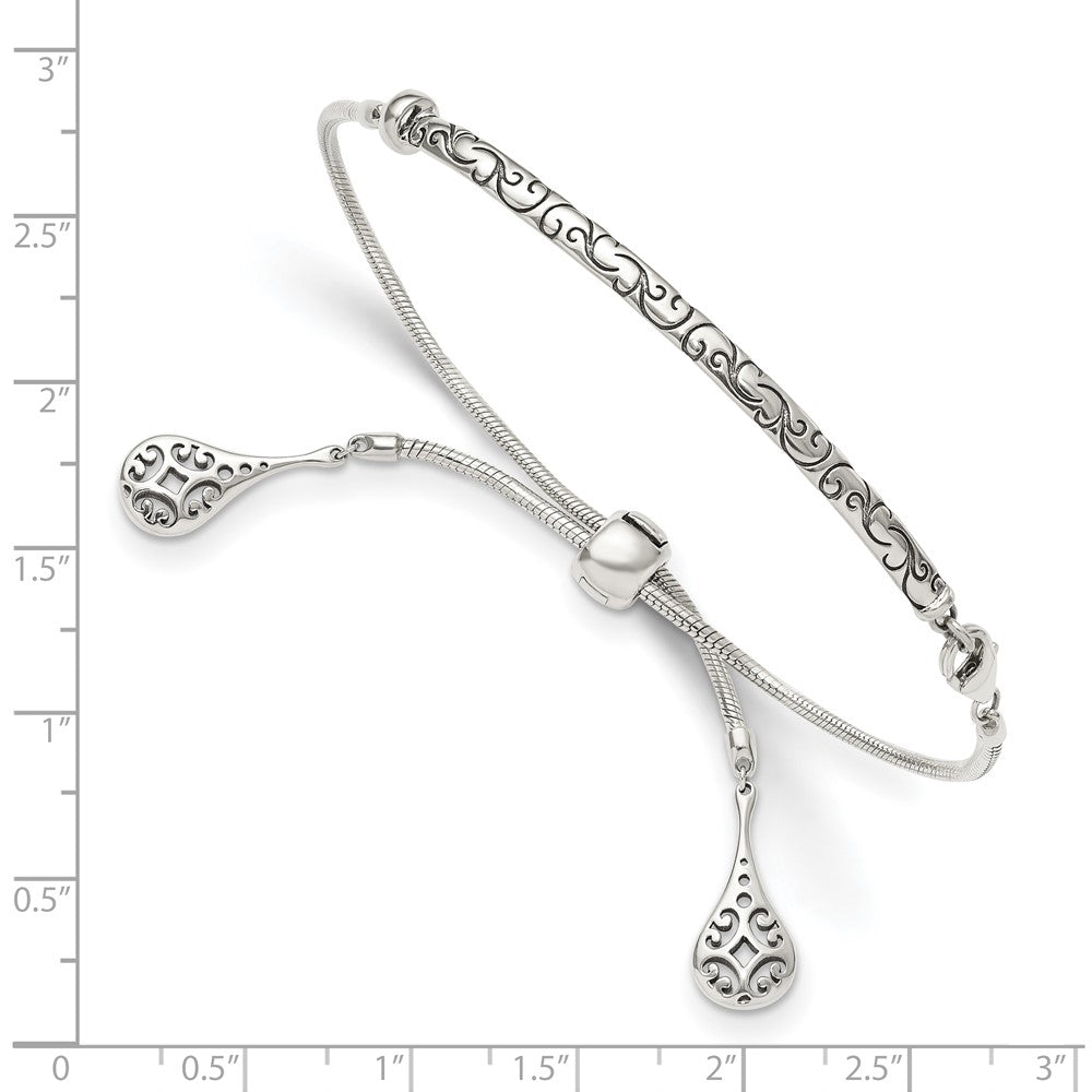 Sterling Silver Antiqued Filigree Drops with Lobster Clasp Adjustable 6 to Bolo Bracelet