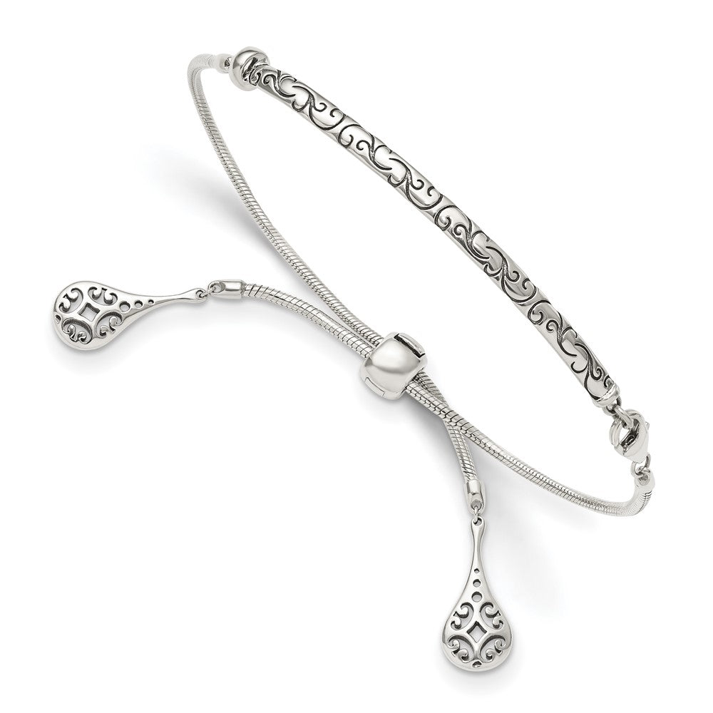 Sterling Silver Antiqued Filigree Drops with Lobster Clasp Adjustable 6 to Bolo Bracelet
