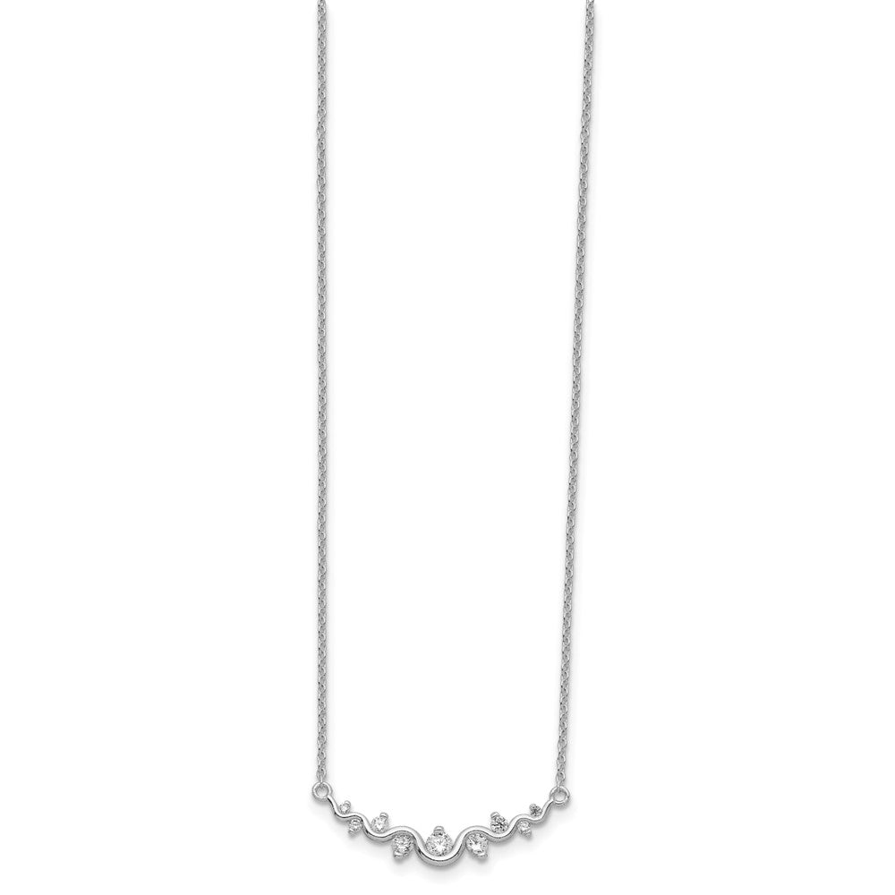 Sterling Silver Rhodium-plated Polished Fancy Wave CZ Bar Necklace