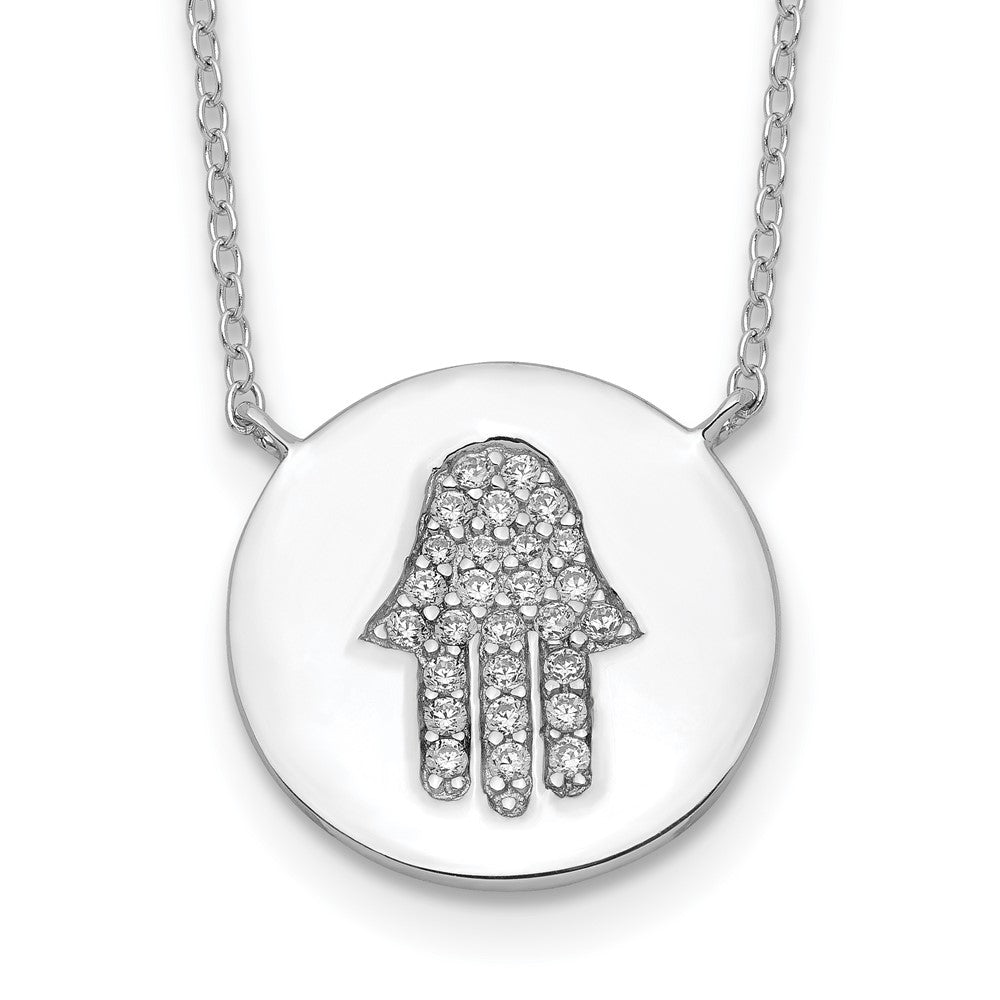 Sterling Silver Rhodium-plated Hamsa w/CZ w/ ext. Necklace