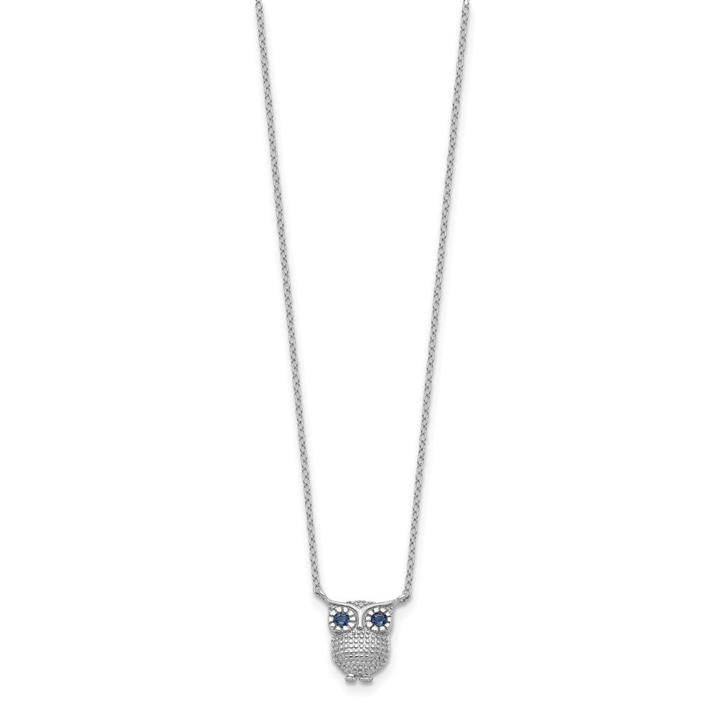 Sterling Silver Rhodium-plated Blue Glass Stone Owl with Extension Necklace