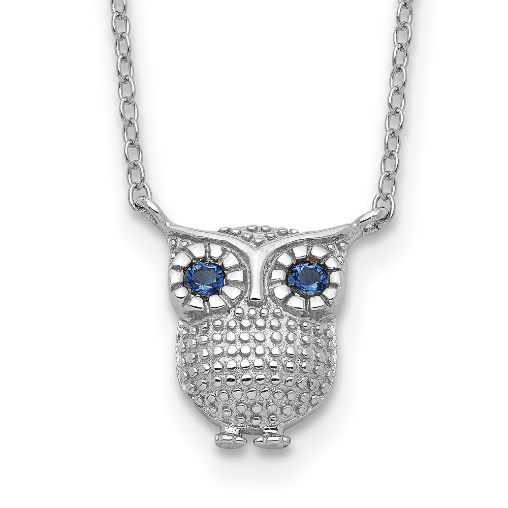 Sterling Silver Rhodium-plated Blue Glass Stone Owl with Extension Necklace