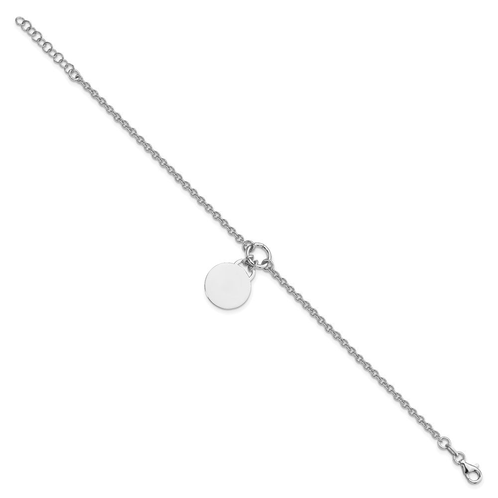 Sterling Silver Rhodium-plated Engravable Round Disc Cable Link with Extension Bracelet
