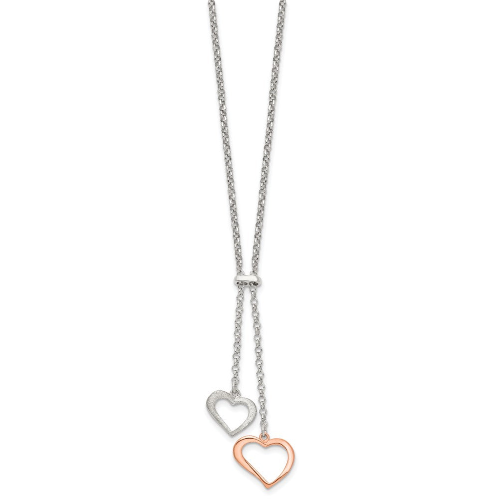 Sterling Silver Rose-tone Polished Textured 2-Heart Dangle Lariat Necklace