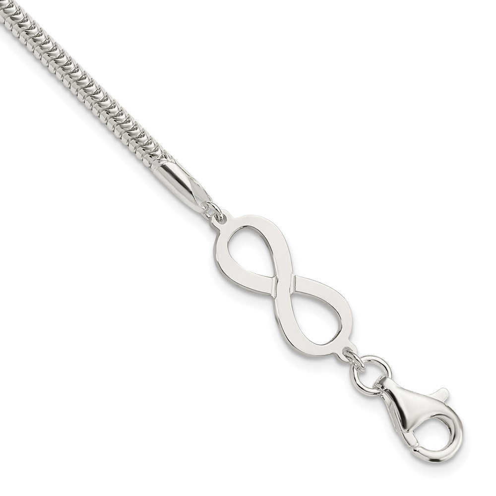 Sterling Silver Polished Snake Chain with Infinity Symbol Bracelet