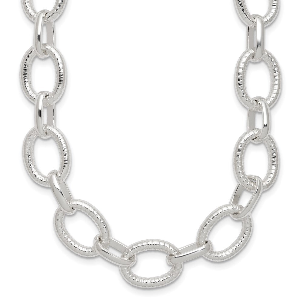 Sterling Silver Polished and Textured Fancy Cable Link Necklace