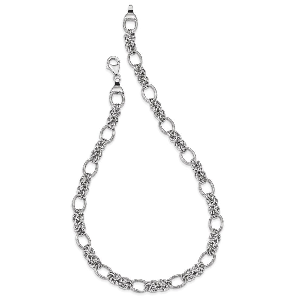 Sterling Silver Rhodium-plated Textured Oval and Polished Byzantine Link Necklace